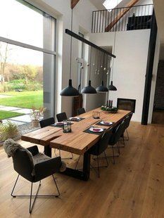 Дизайнерский Кухонный обеденный стол из натурального дерева Loft Design 320x100x75h Черный / Дерево ATL186 ATL186 фото